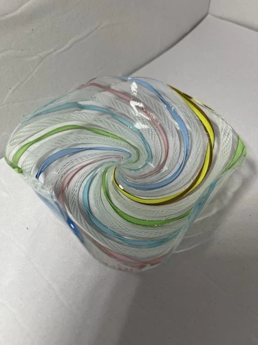 Vintage Murano Zanfirico Latticino Ribbon Rainbow Glass Bowl Trinket Dish 4”