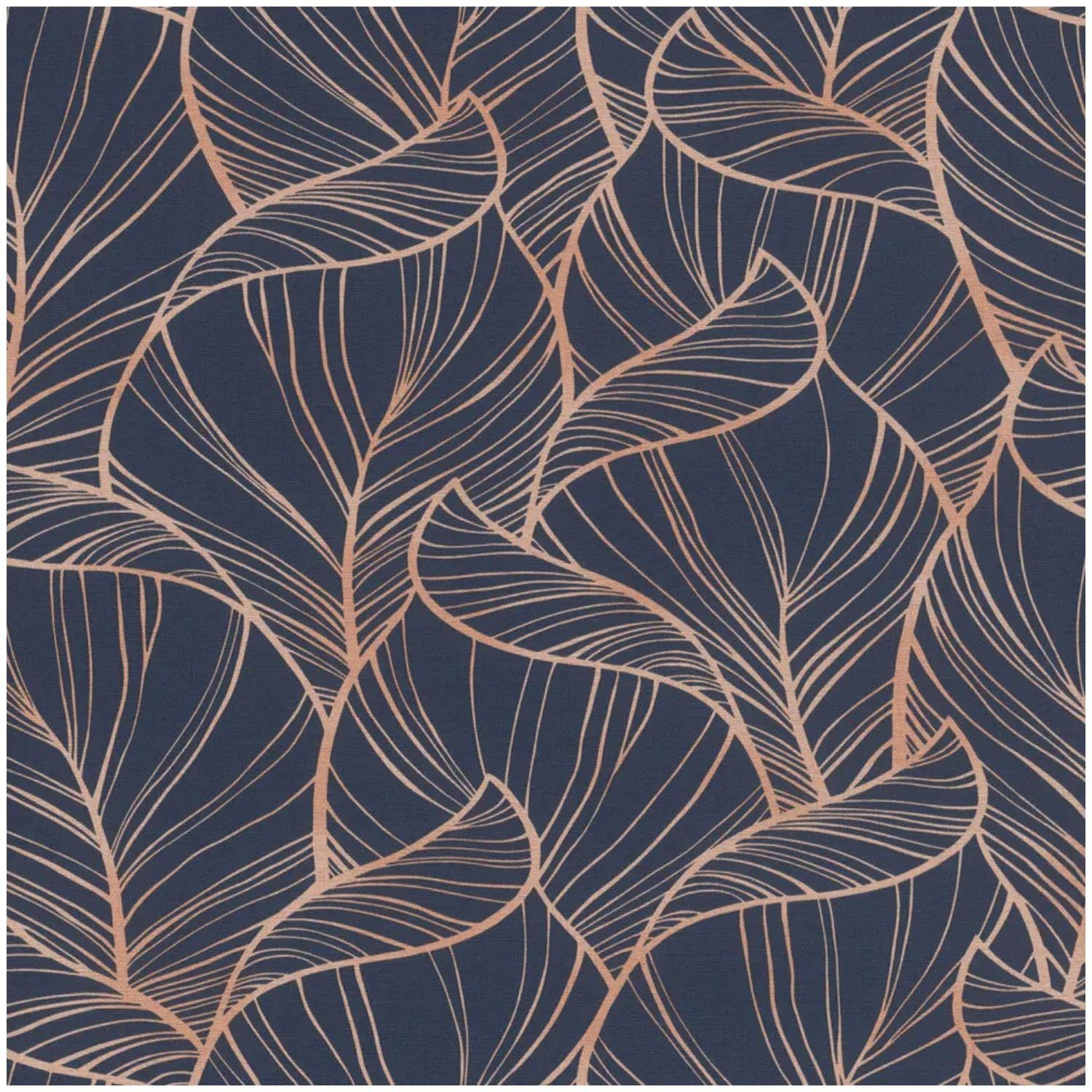 Rasch Rhapsody Navy Blue Leaves Paste The Wall Wallpaper Copper Metallic