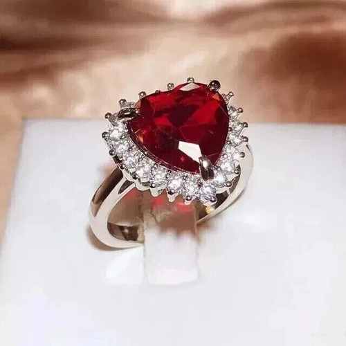 4 Ct Heart Cut Natural Ruby Diamond Wedding Engagement Ring Women 14K White Gold