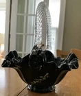 Fenton Basket Black Art Glass Hand Painted Accent Twist Handle Ruffle Edge