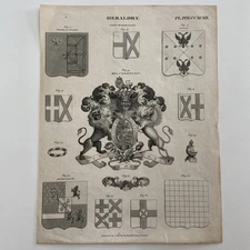 Antique Heraldry Engraving  Coats Marshalled & Arms of the King of Great Britain