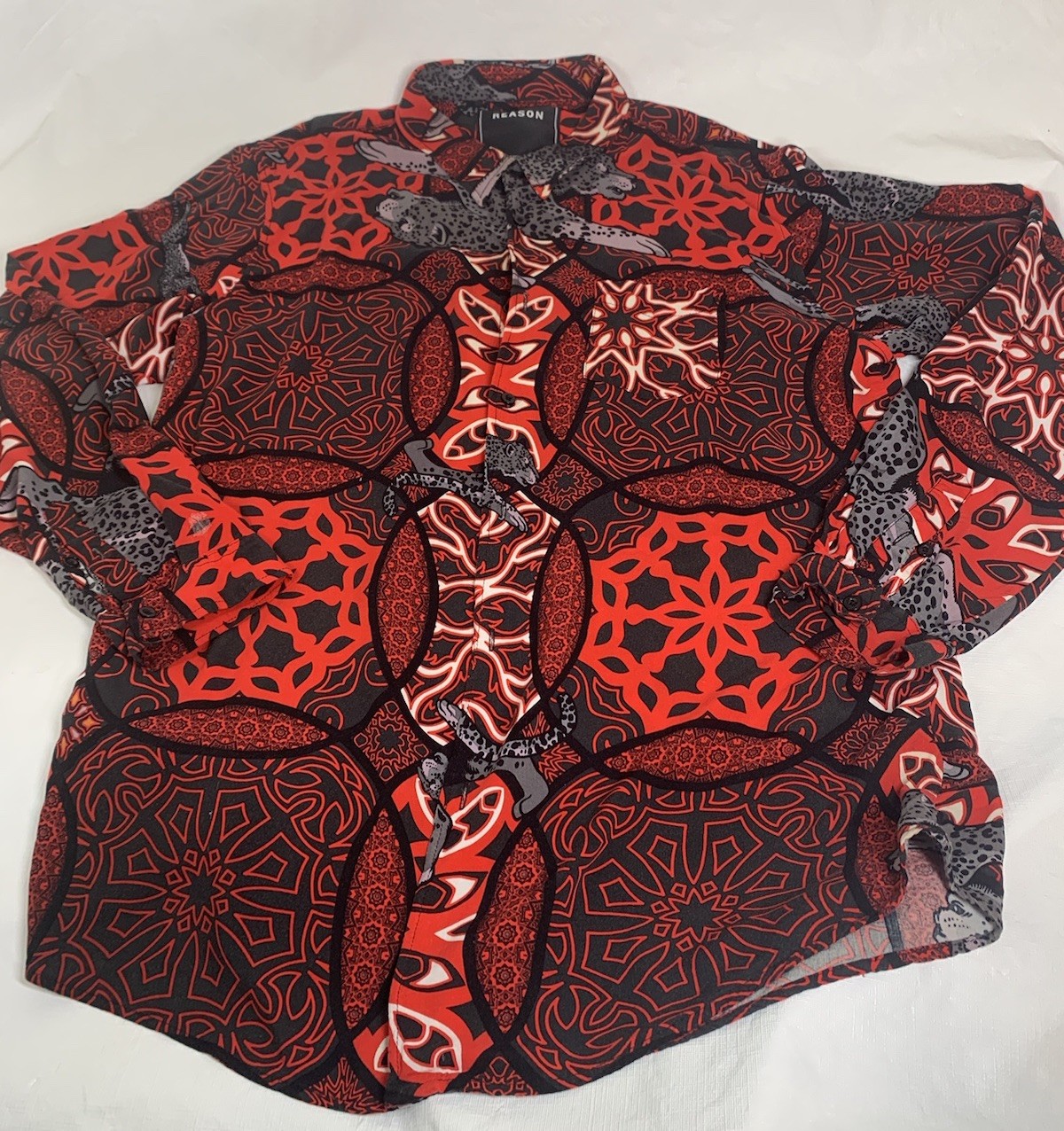 Mens Reason Jaguar Floral Jungle Long Sleeve Dress Shirt Red Size 3XL image 3