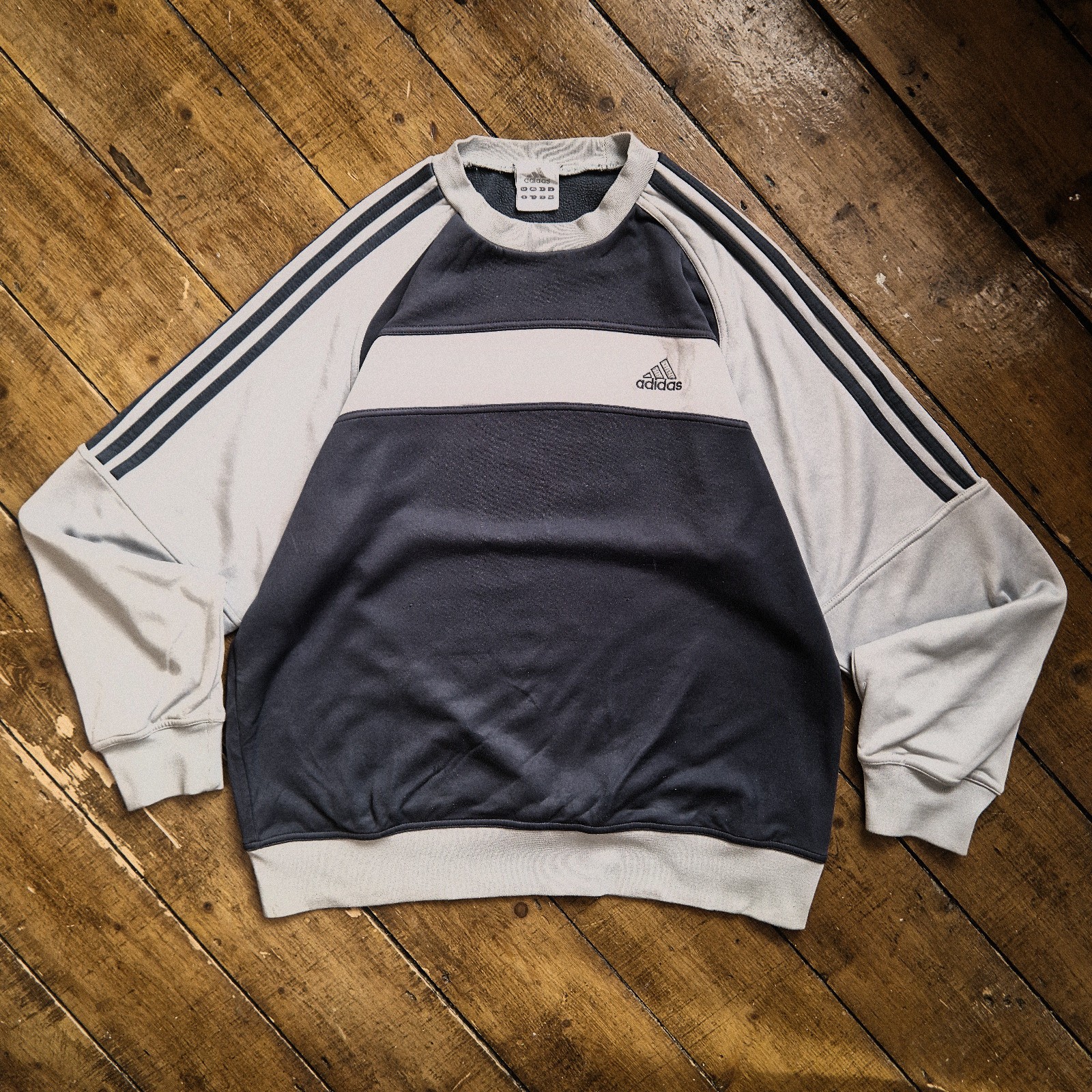 Vintage Adidas Sweatshirt 2003 Grey Navy Colour Block 3 Stripe Y2K Crew Neck L