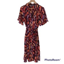 Sharagano Midi Paisley Short Ruffle Sleeve Shirt Dress with Waist Tie Size 14