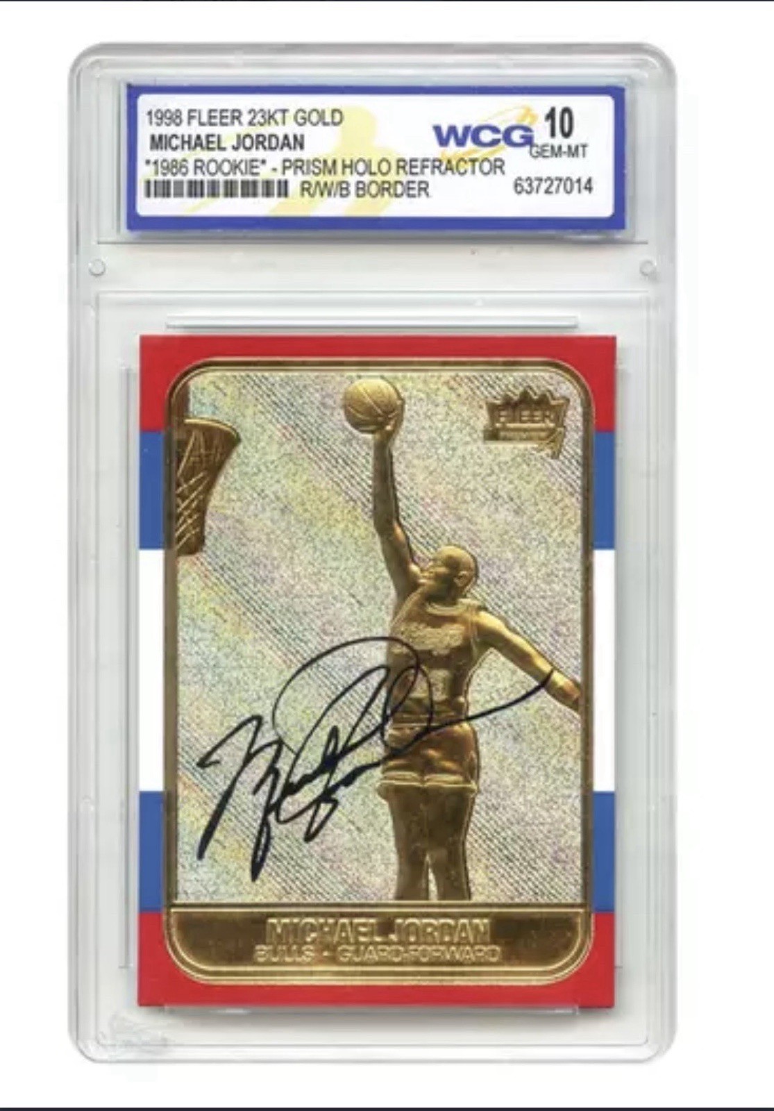 Michael Jordan 1998 FLEER 23K Gold Card Prizm Holo Rookie Signature - GM 10 view 2