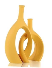  Ceramic Vase - Modern Boho Decor, Mustard Round, Anti-Slip Base, Yellow