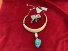 CHICOS SIGNED CHOKER NECKLACE MATCH EARRINGS MATTE GOLD TONE TURQ/PEARL DROPS