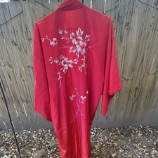 JAKEVILLE Women s Red Silk Satin Floral Embroidered Kimono Robe One Size