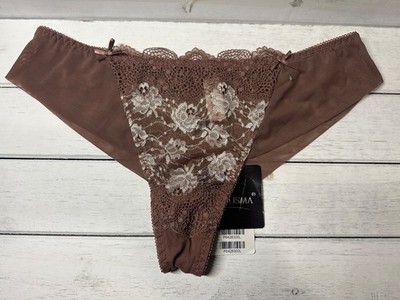 NWT Acousma European Women's Sexy TANGA Cheeky Panty in Brown Sheer Lace   LARGE