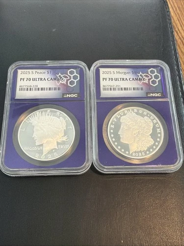 2 Coin Set 2025-S Proof Morgan & Peace  Silver Dollars - NGC PF 70 ULTRA CAMEO