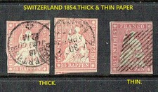SWITZERLAND.1854. HELVETIA.15 RAPPEN.2 THICK & 1 THIN PAPER IMPERFORATED USED.