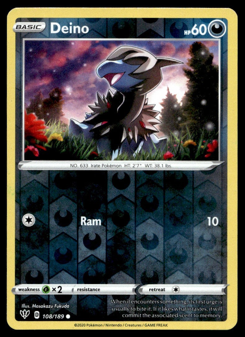 Deino 108/189 Pokemon Card Darkeness Ablaze Common 60 HP Rev Holo LP BT