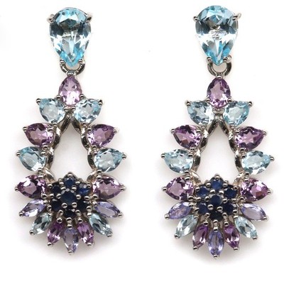 925 Silber Himmelblauer Topas, Amethyst, Tansanit & Saphir Statement-Ohrringe