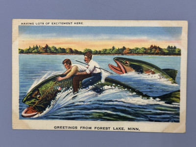 1949 FOREST LAKE Minnesota Exaggerated FISHING Vintage Postcard