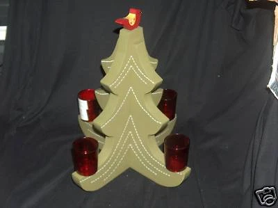 Wooden Christmas Tree With 4 Red Glass Candle Holders 