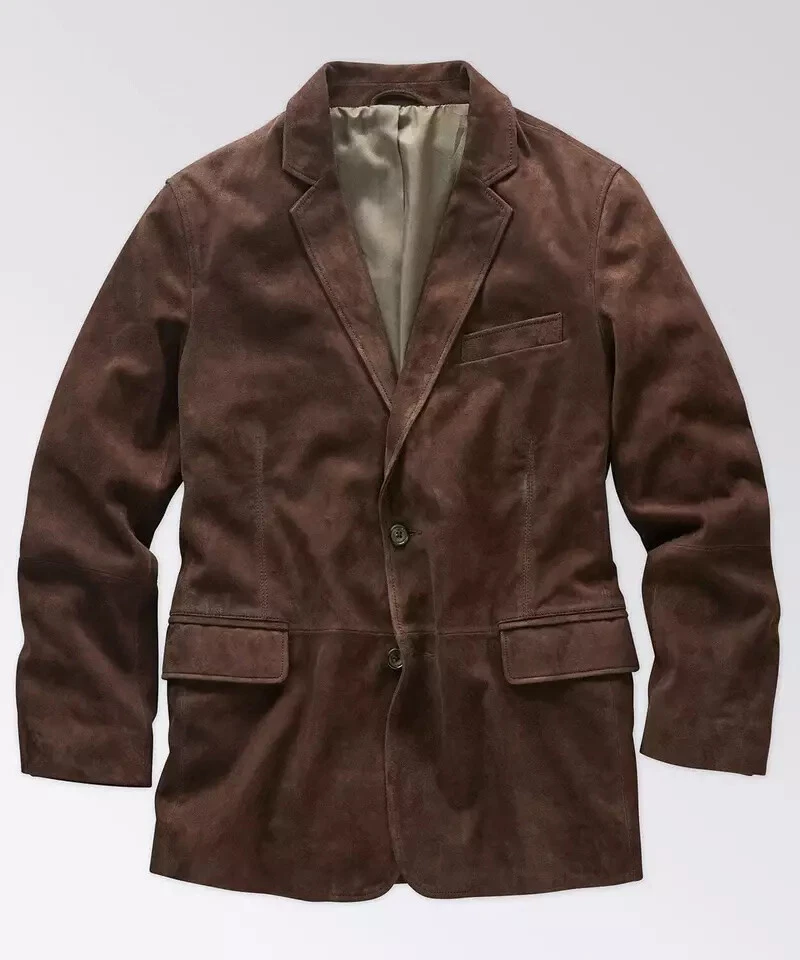 Mens Brown Suede Leather Blazer Pure Lambskin 2 Button Custom Made Coat Blazer