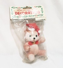 Flocked Teddy Bear Novelty Christmas Ornament 3" Brown Santa Hat 1985