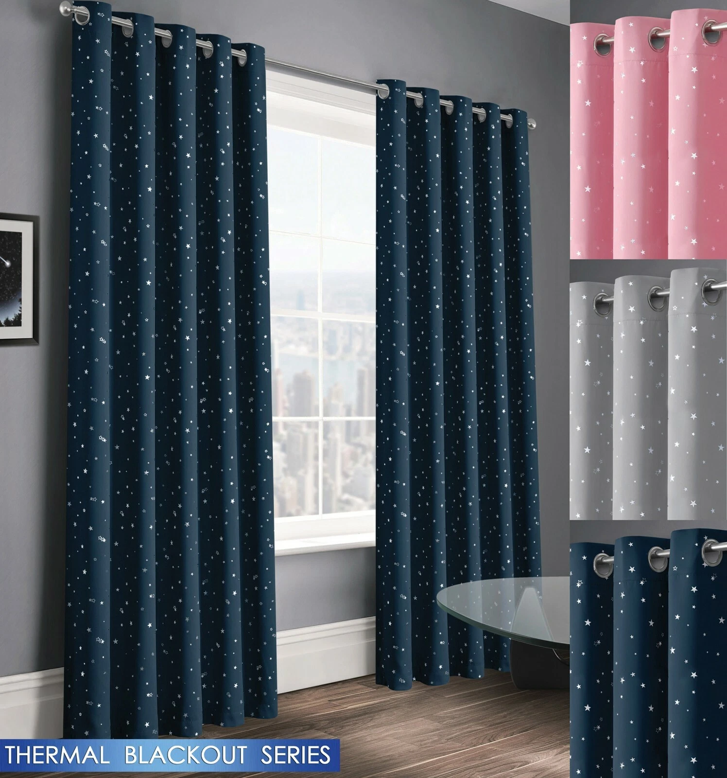 Stars Thermal Ready Made Eyelet Ringtop Blackout Light Reducing Bedroom Curtains