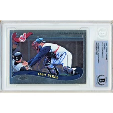 Eddie Perez Signed 2002 Topps Chrome Traded #T12 Card AUTO Beckett Slab Indians