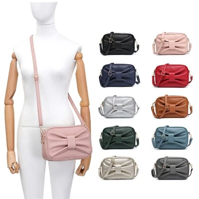 Boutique Crinkle Bowtie Front Woman Faux Leather Small CrossBody Shoulder Bag - Image 1 of 4