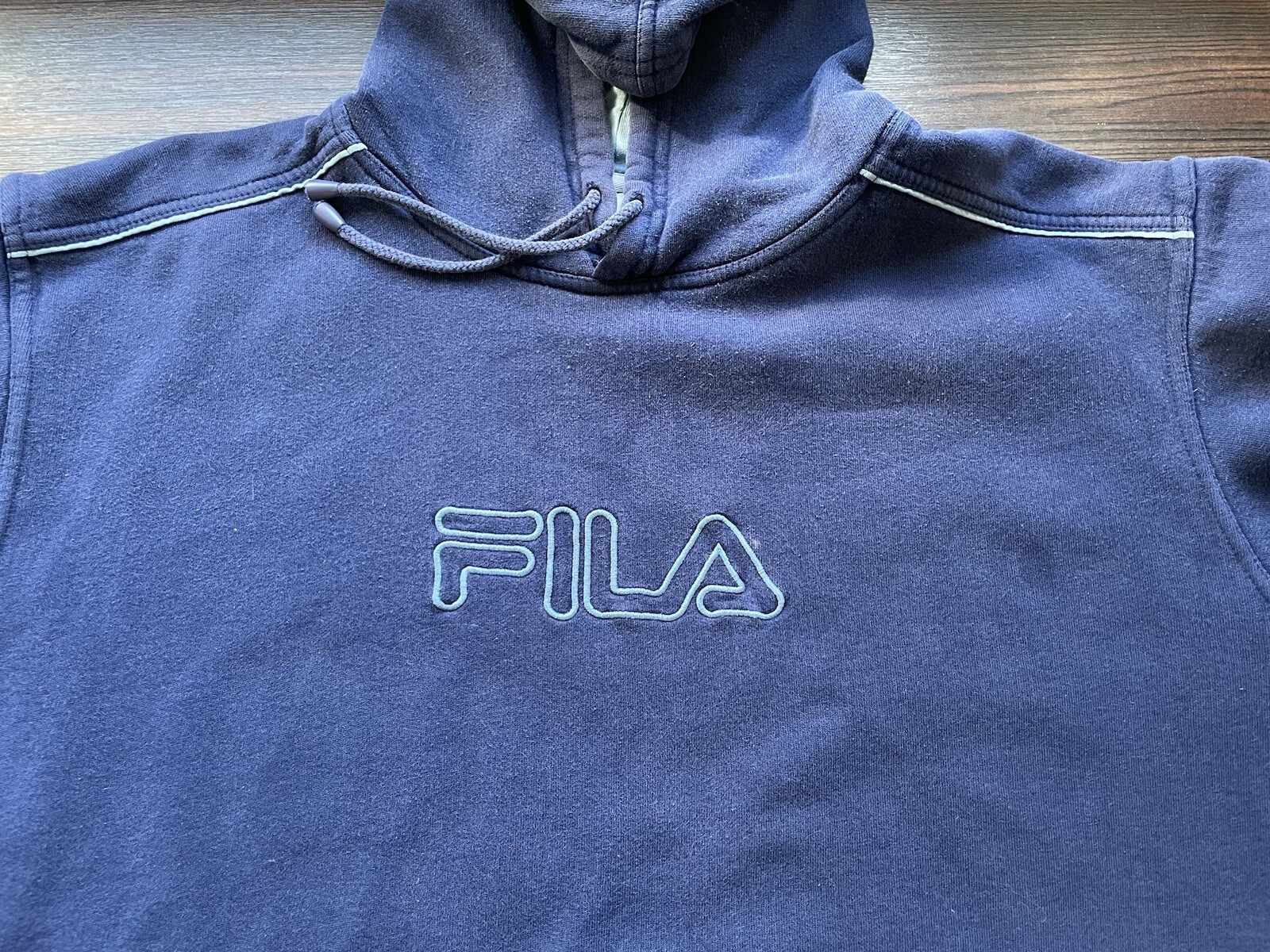 Felpa con cappuccio uomo Fila blu misto cotone taglia M media pullover segni in foto