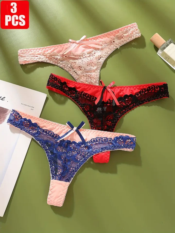 5er-Set Damen String Slips Spitze Schleife Sexy Tanga Sexy Unterwäsche Farbmix - Bild 2 von 4