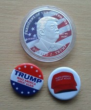 Donald Trump Enamel & Silver Plated presidential Coin & Campaign Badges    Y141e