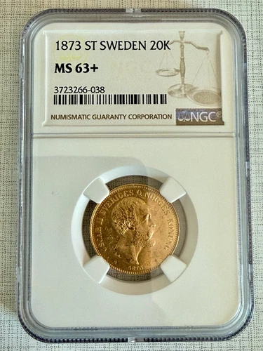 Sweden 1873 20 Kronor Gold NGC MS63+ SKU# 6281