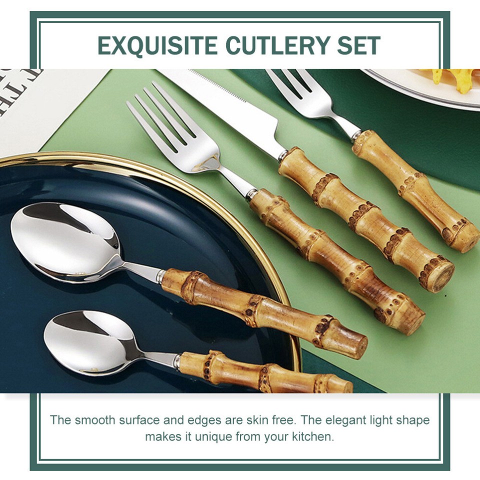 Bamboo Cutlery Set Cutter Fork Spoon Kit Serving Utensils Silverware eBay