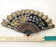 Folding HAND HELD FAN Black White Floral GOLD GLITTER Black Gold Frame FAST SHIP
