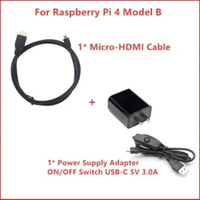 Raspberry Pi 4 Power Supply Adapter with Switch USB-C 5V 3.0A & Micro-HDMI Cable