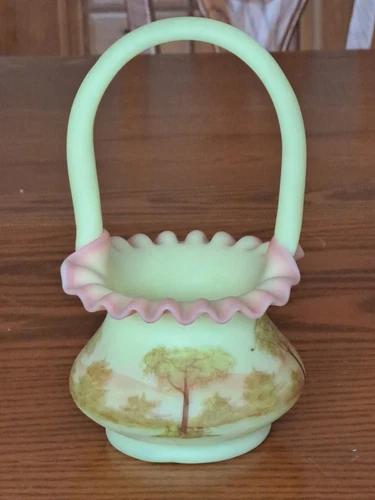 Fenton Art Glass Vaseline Burmese Hand Painted Tree Scene Signed Basket