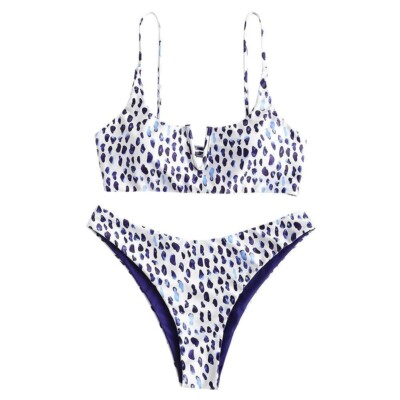 ZAFUL Women's Leopard Bikini Set V Wired Animal Print High Cut Swimsuit Size 4