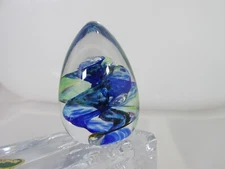 Cosmic Blue Studio Art Glass Egg Ocean Swirl Green Controlled Bubble Paperweight