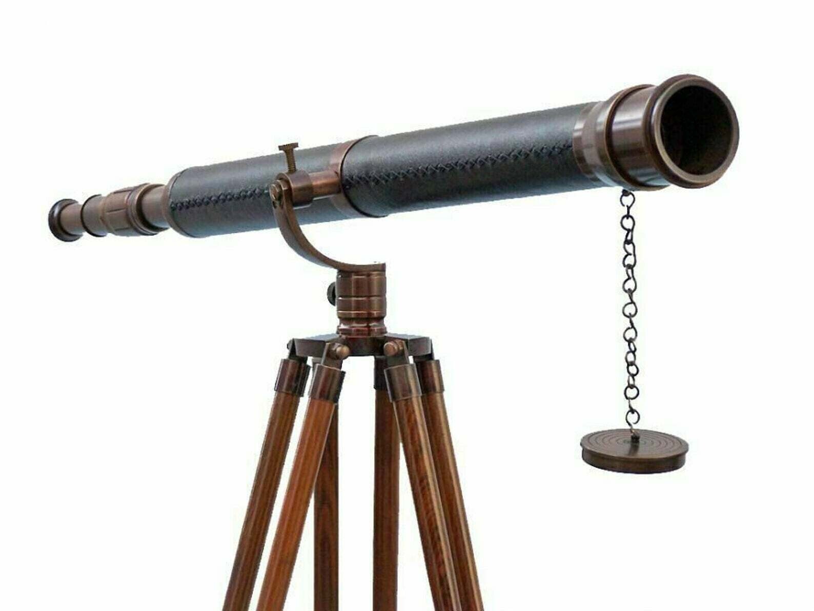 Télescope Ancien En Laiton Et Noir Sur Trépied Bois Marin, Reproduction British Navy, Fabrication Inde