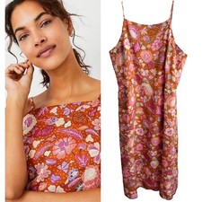 Ann Taylor Satin Maple Orange Floral Spaghetti Strap Square-Neck Maxi Dress 16