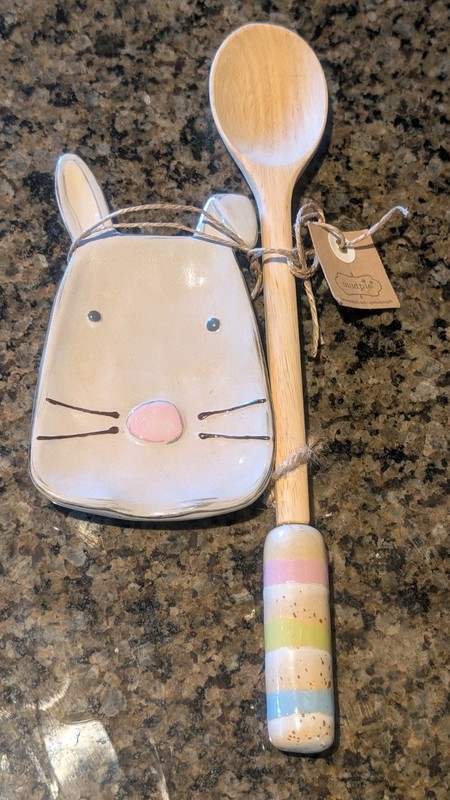 New Mud Pie Bunny🐰 Rabbit Spoon Rest & Matching Wooden Spoon, Pastel Colors NWT