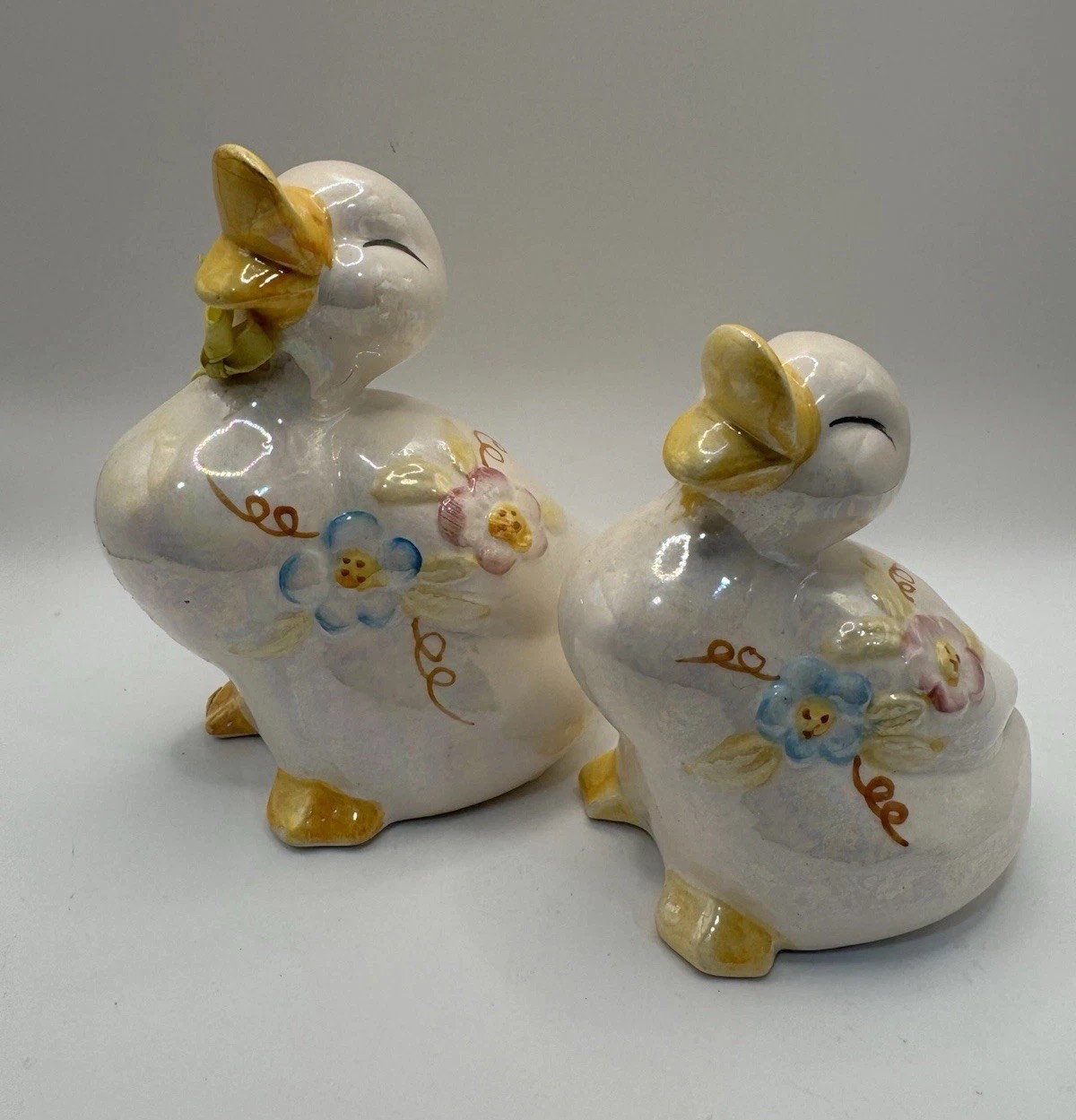 Vintage White Goose Figurines Pair Iridescent Porcelain Farmhouse Decor