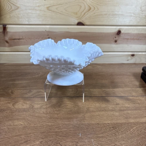Vintage Fenton Hobnail White Milk Glass Ruffled Edge Taper Candle Stick Holder