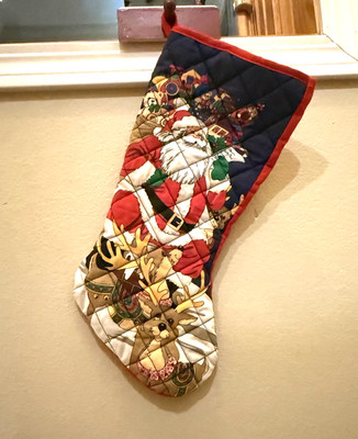 Vintage 80s Quilted Christmas Stocking Santa Reindeer Grandma Core Handmade