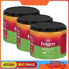 (3 pack) Folgers Half Caffe Ground Coffee, Medium Roast, 22.6 oz Canister