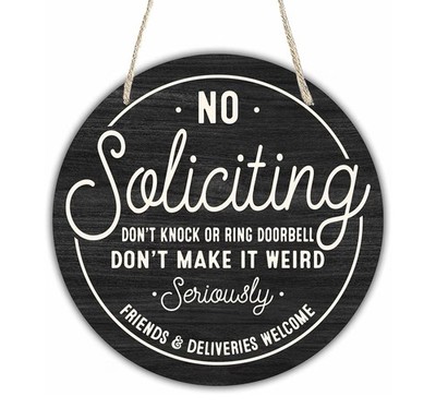 No Soliciting Round Wooden Hanging Sign with Sisal Rope, 10.2 Inches