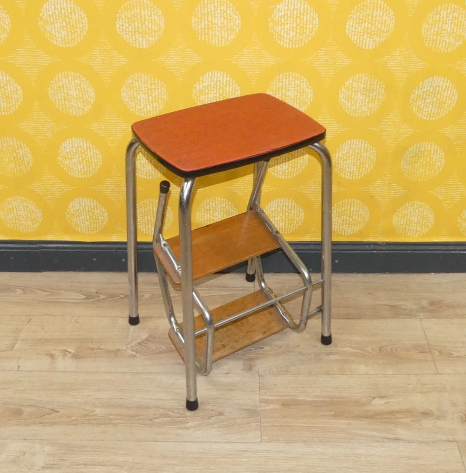 Vintage 50er Jahre Hocker rot meliert Klapptritt Leiter Metall und Holz Tritt - Bild 2 von 4