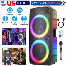 Dual 15" Portable Bluetooth Speaker Heavy Bass Party System LED Light w/ Mic