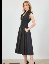 NEW Little Black Midi Dress Smocked Stretchy Zipper Front Pockets Women's MEDIUM
