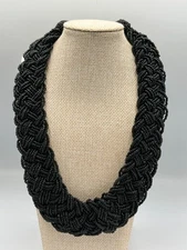 Charming Charlie Seed Bead Necklace Black Gold Tone Braided Chunky Statement 18"