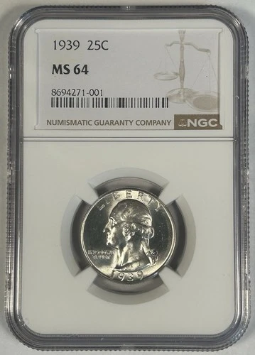 1939 Washington Silver Quarter Coin NGC MS 64