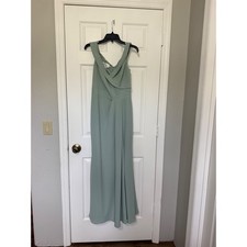 David's Bridal Sage Green Off Shoulder Crepe Bridesmaid Dress Slit Size 10
