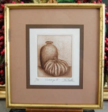 VTG 1970'S RI PRIETO FRAMED SIGNED LT ED 21/50 SEPIA ETCHING PUMPKIN CALABAZA II