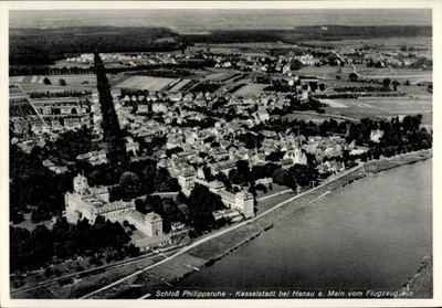 Postcard Hanau am Main, aerial photo, Philippsruhe Castle, boiler city - 11300729